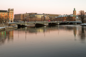 Fototapeta na wymiar Parliament building and bridge in Stockholm.