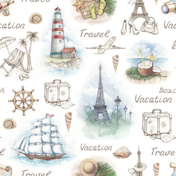 Travel illustrations. Seamless pattern