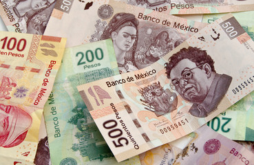 Mexican Peso bank notes background - obrazy, fototapety, plakaty