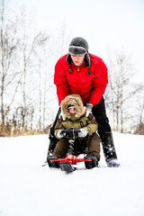Mother and her little son enjoying a sledge ride in a snowy park