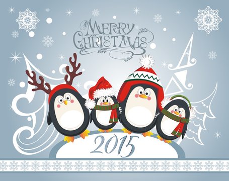 Christmas card with cute penguins