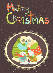 Greeting card, polar bear family celebrating Christmas