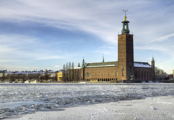 Stockholm City-hall and Riddarfjarden in winter.