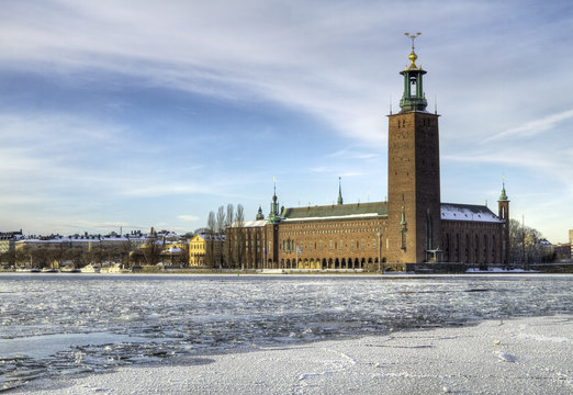 Stockholm City-hall and Riddarfjarden in winter.