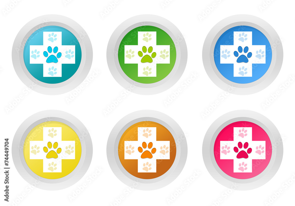 Wall mural set of rounded colorful buttons with veterinary symbol