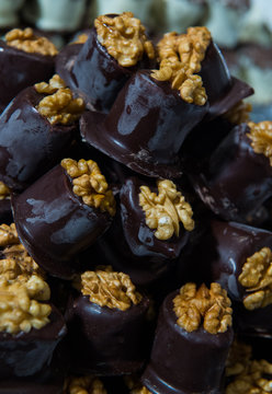 Delicious homemade dark chocolate walnut sweets, confectionery