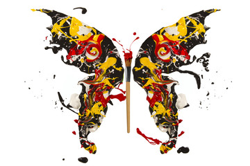 Black white  red yellow paint splash madel butterfly