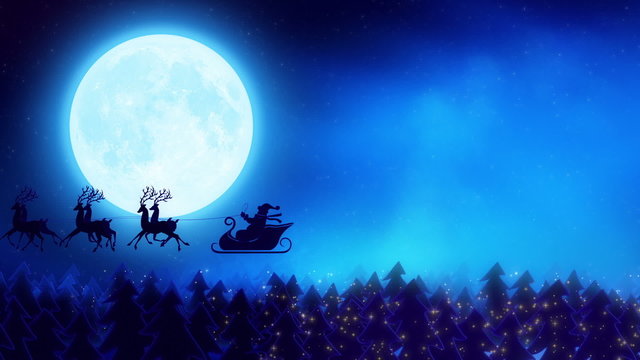 Santa claus flying from forest to the moon
