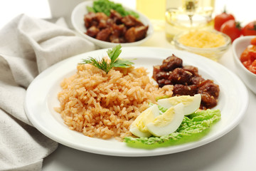 Tasty rice served on table, close-up