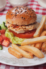 Chicken burger with french fries