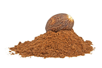 Nutmeg and its powder isolated on a white background