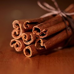 Bunch of cinnamon sticks. Selective focus
