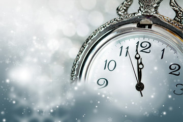 Naklejka na ściany i meble New Year's at midnight - Old clock and holiday lights