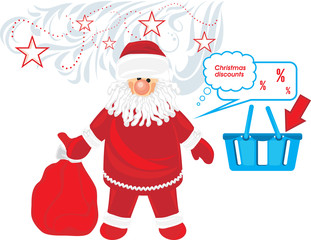 Santa Claus with gifts. Christmas discounts