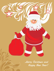 Santa Claus with gifts. Christmas card