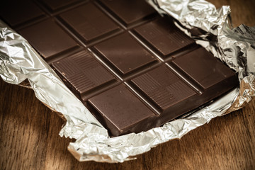 Dark chocolate bar in opened foil wrapping.