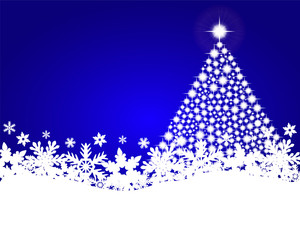 Blue christmas background with shiny Christmas tree - obrazy, fototapety, plakaty