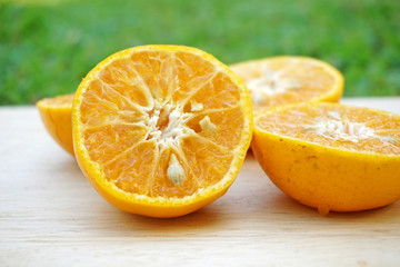 Sliced orange in close up shot with green grass as background