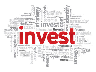 Invest business concept in word tag cloud, vector background