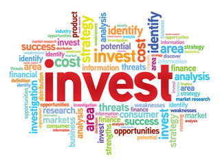 Invest business concept in word tag cloud, vector background