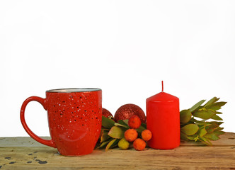 red coffee cup and candle arbutus xmas balls for background