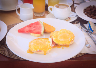 Eggs benedict served for breakfast