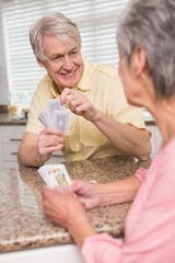 Senior couple playing cards at the counter