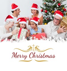 Composite image of family swapping christmas presents