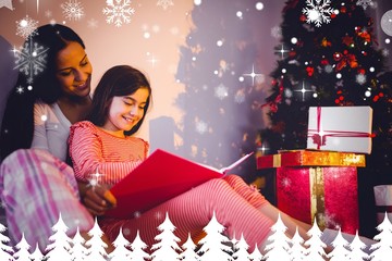 Composite image of mother and daughter waiting for santa claus