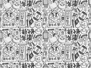 Seamless Doodle Chinese New Year pattern background,Chinese word