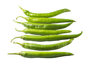 Green chili peppers over white background