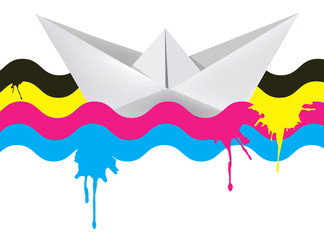 Paper boat on the waves of print colors