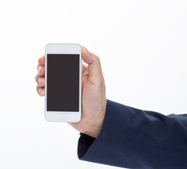 Businessman hand holding mobile phone on white background