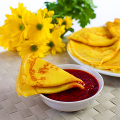 Pancake with raspberry jam