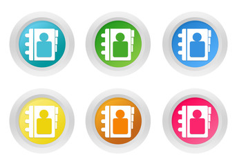 Set of rounded colorful buttons with address book symbol