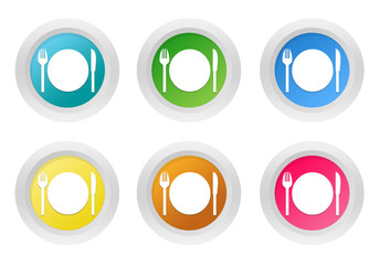 Set of rounded colorful buttons with restaurant symbol
