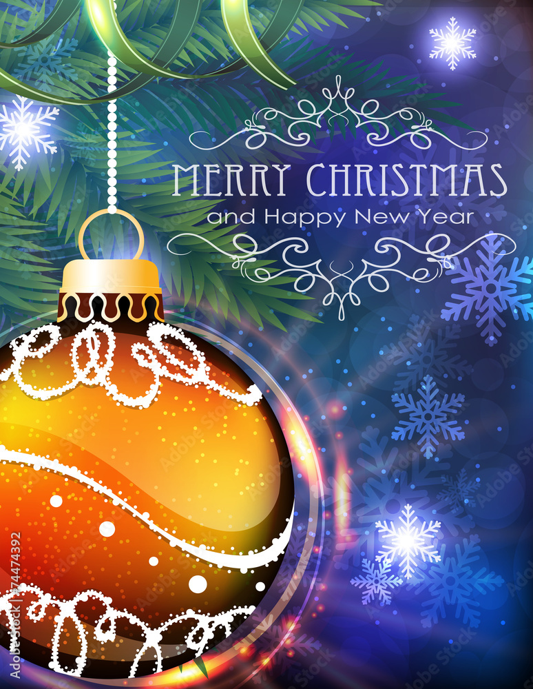 Poster Orange Christmas ball with fir branches and tinsel