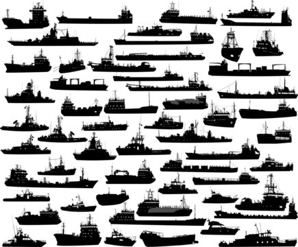 Vector set of 57 silhouettes of sea towboat and the ships