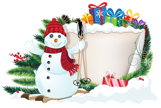Snowman on skis and Christmas gifts