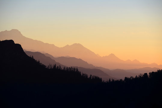 Beautiful silhouette of mountain landscape during sunrise