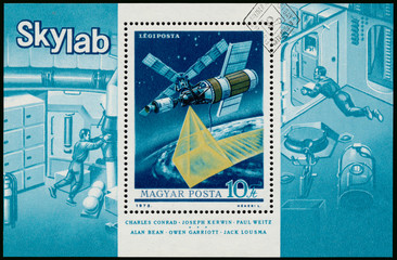 Stamp printed in Hungary shows Skylab