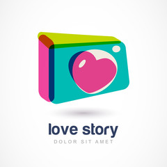 Abstract colorful photo camera with heart lense. Vector logo ico