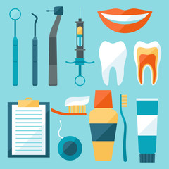 Obraz premium Medical dental equipment icons set in flat style.