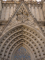 Gothic Catholic Cathedral Facade Steeples Barcelona Catalonia Sp