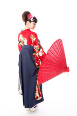 japanese woman wearing kimono on white background