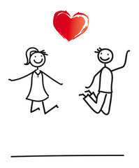 Endlich werden wir heiraten. Brautpaar macht einen Luftsprung vor Freude.  Junges Paar mit Herz, vektor, isoliert