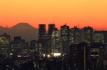 東京の高層ビル群と富士山　夕景