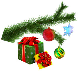 Christmas tree fir branch with gifts