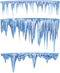 set of hanging thawing icicles of a blue shade - obrazy, fototapety, plakaty