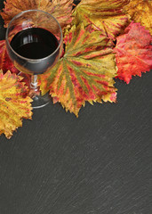 ardoise, feuilles de vignes et verre de vin